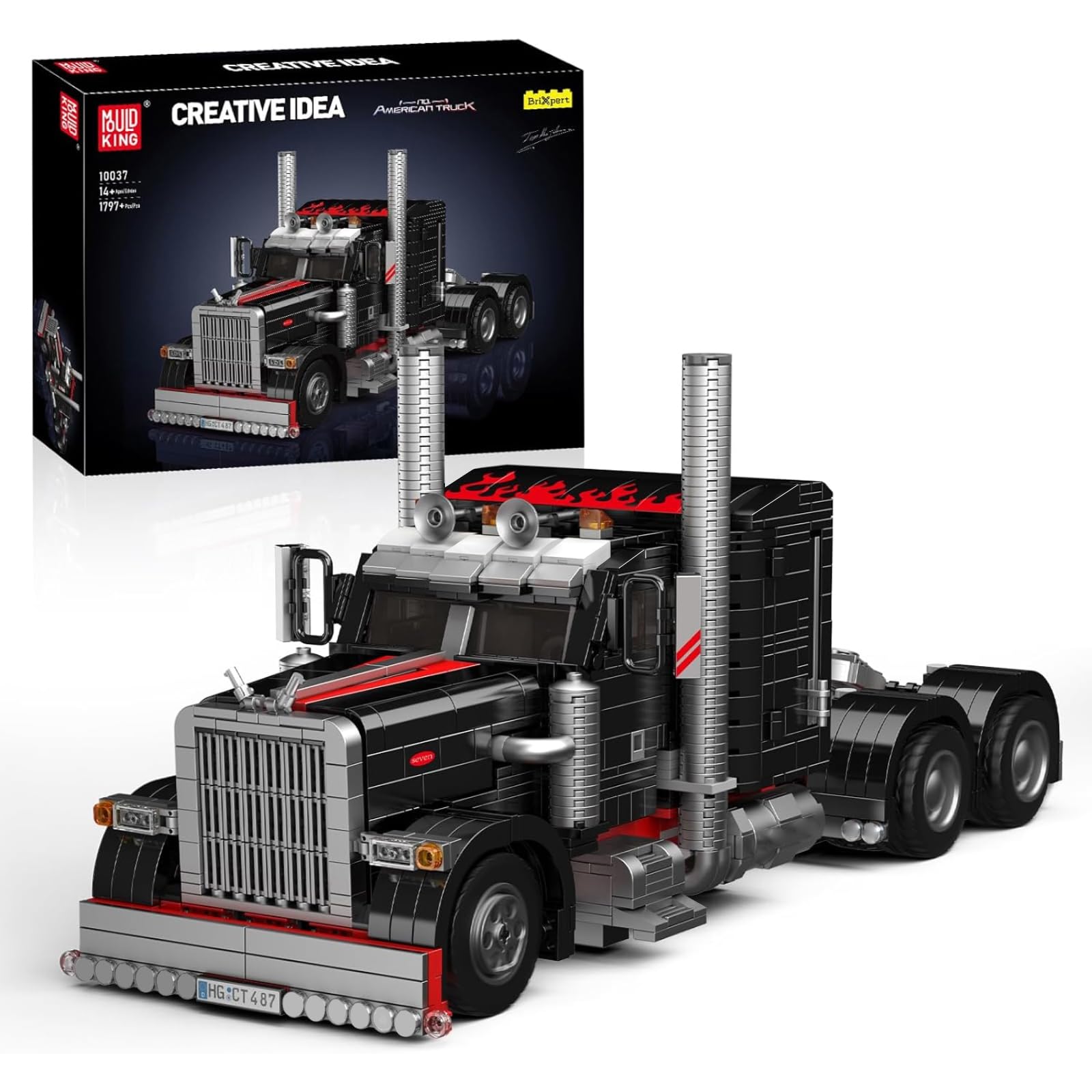 Mould King 10037 semi-truck open hood shows engine details.