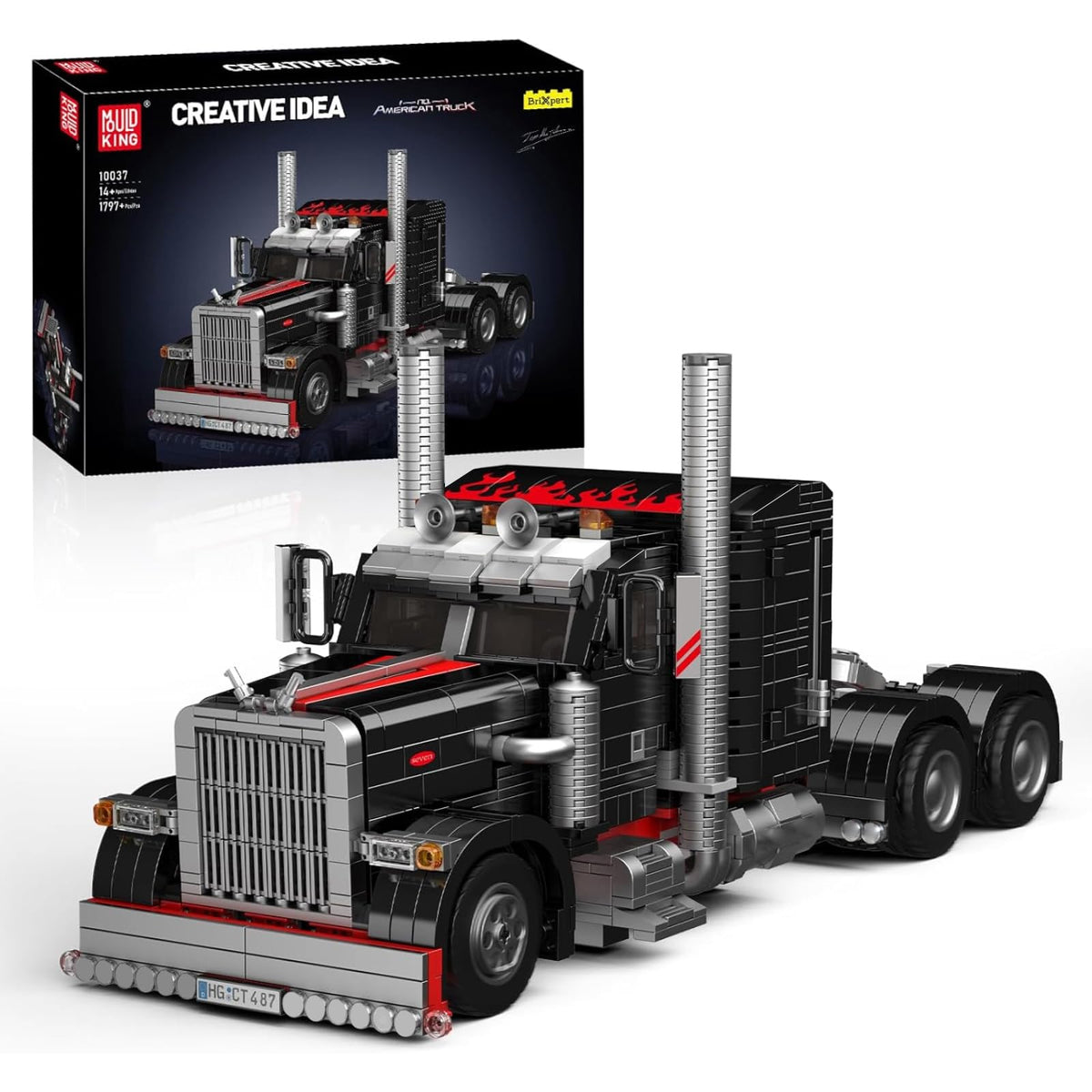 Mould King 10037 semi-truck open hood shows engine details.