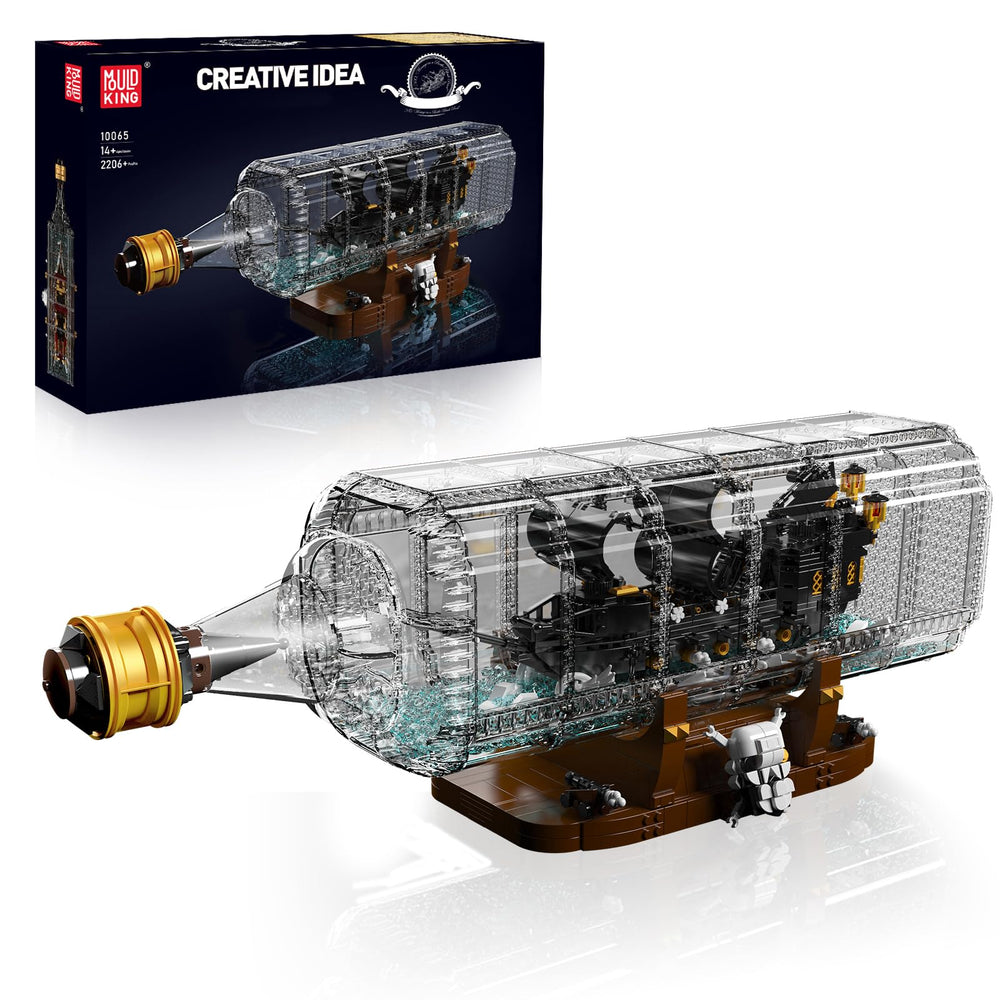 Mould King 10065 drift bottle with Black Pearl ship display, for adult hobbyists seeking focused, imaginative building.