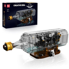 Mould King 10065 drift bottle with Black Pearl ship display, for adult hobbyists seeking focused, imaginative building.