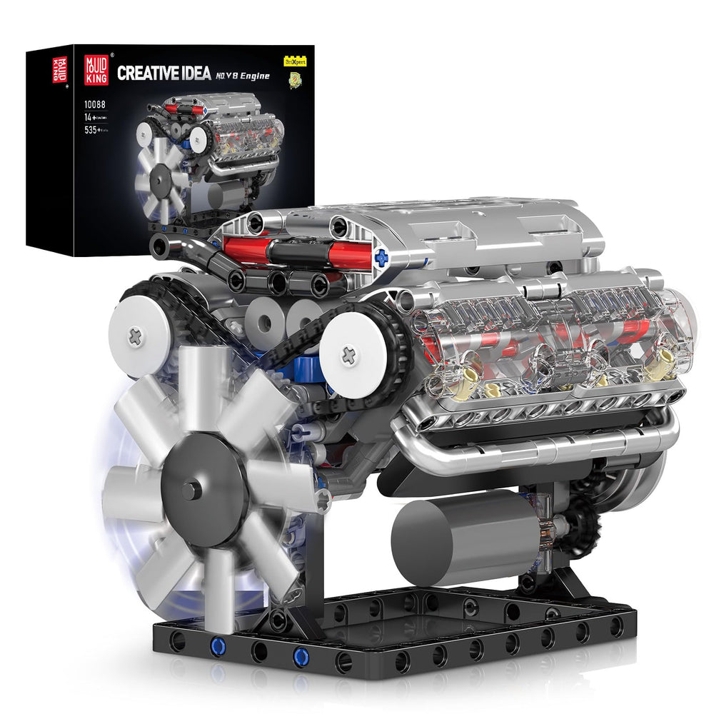 Mould King 10088 V8 engine model kit overview showing compact design for display
