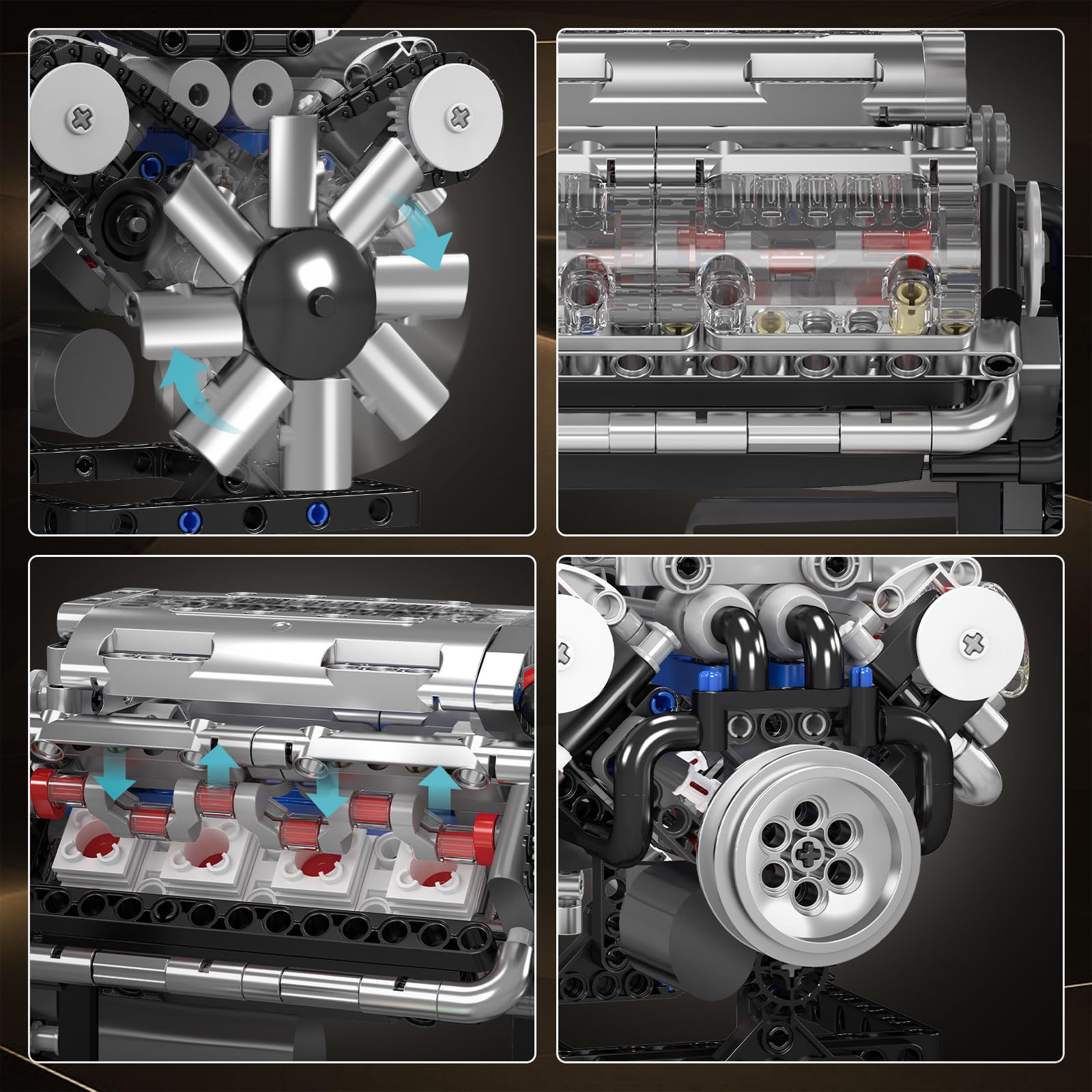 Mould King 10088 V8 engine model kit transparent cylinder head reveals internals