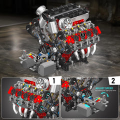 Mould King 10130 V8 engine battery box powers piston action during building.