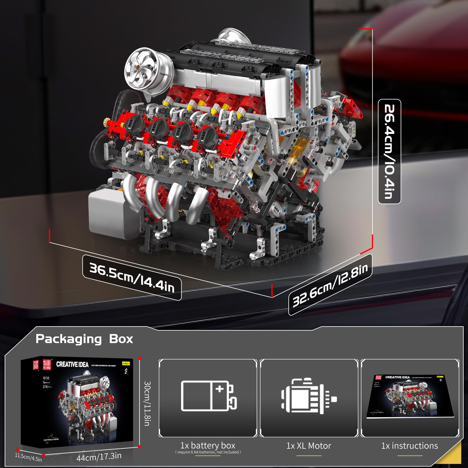Mould King 10130 V8 engine dimensions and packaging size.