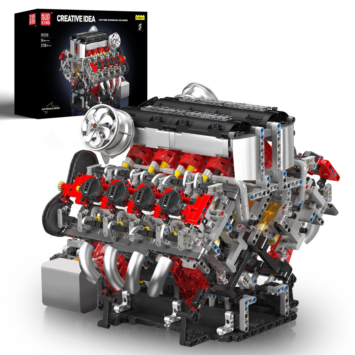 Mould King 10130 V8 engine kit parts and manual for easy assembly.