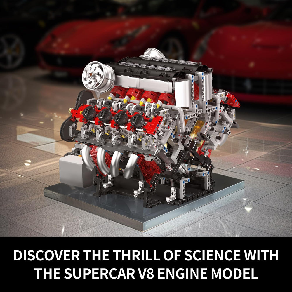Mould King 10130 V8 engine pistons and gears shown in detail.