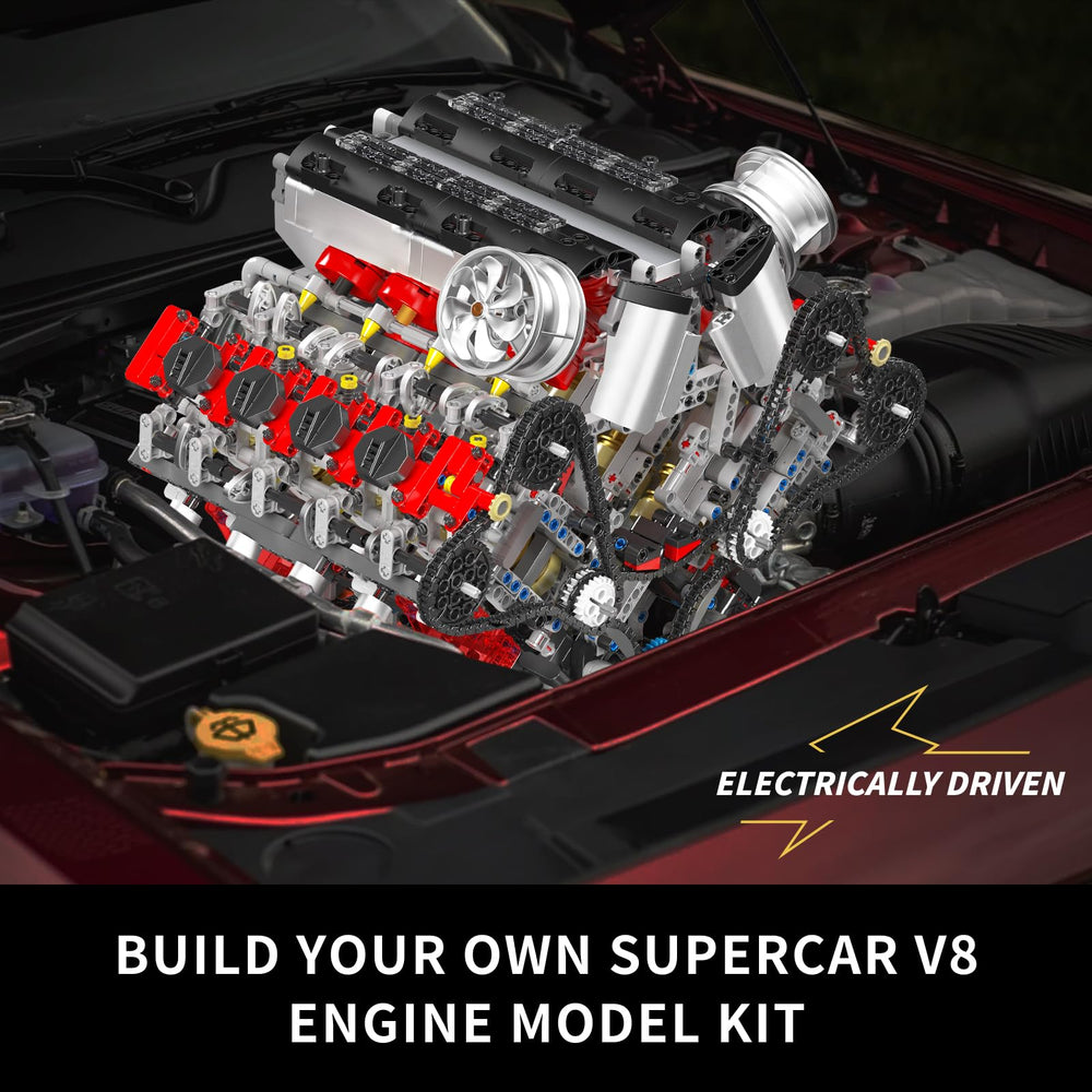 Mould King 10130 V8 engine kit XL motor powering realistic piston motion.