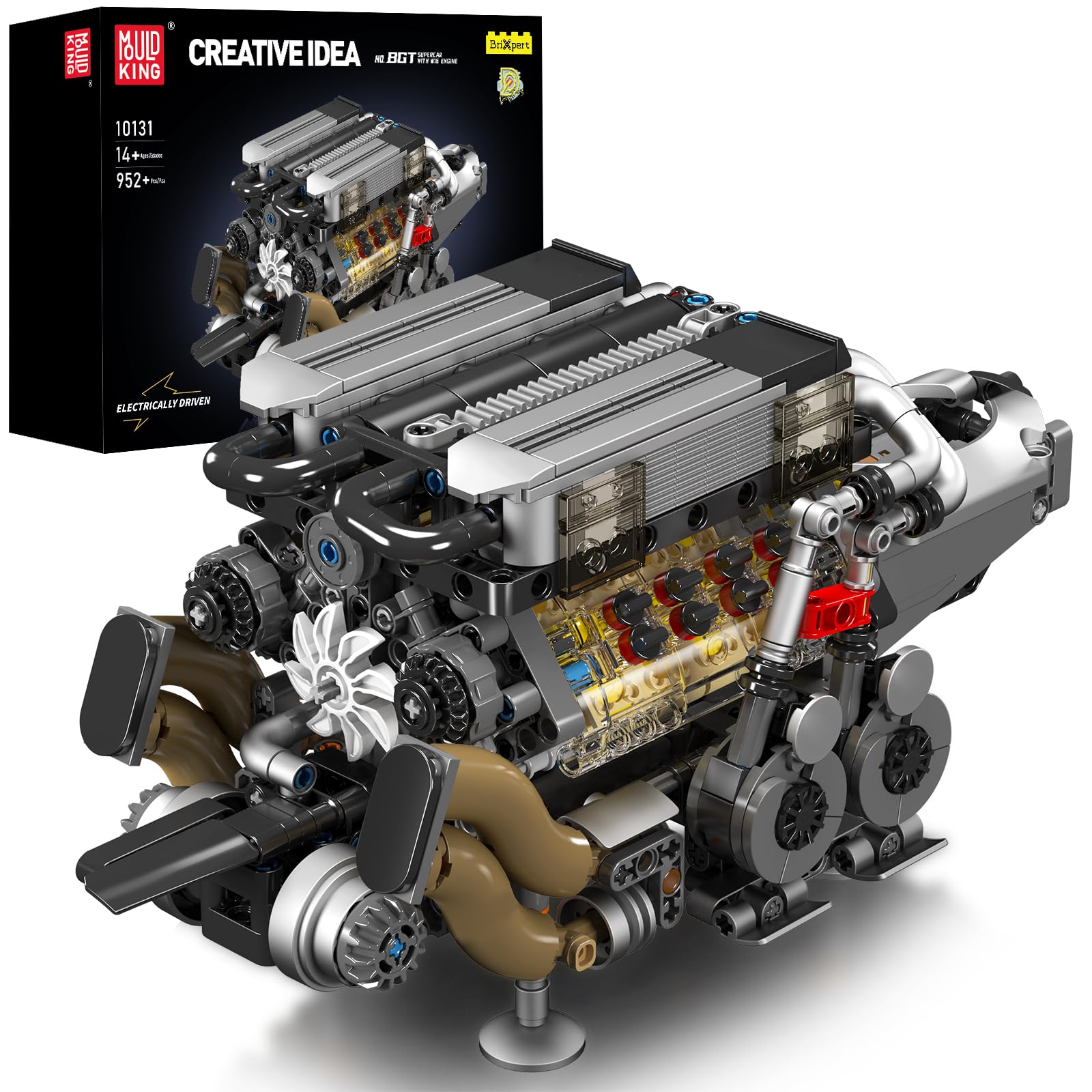 Mould King W16 engine assembly view showing the V8-based W configuration for learning