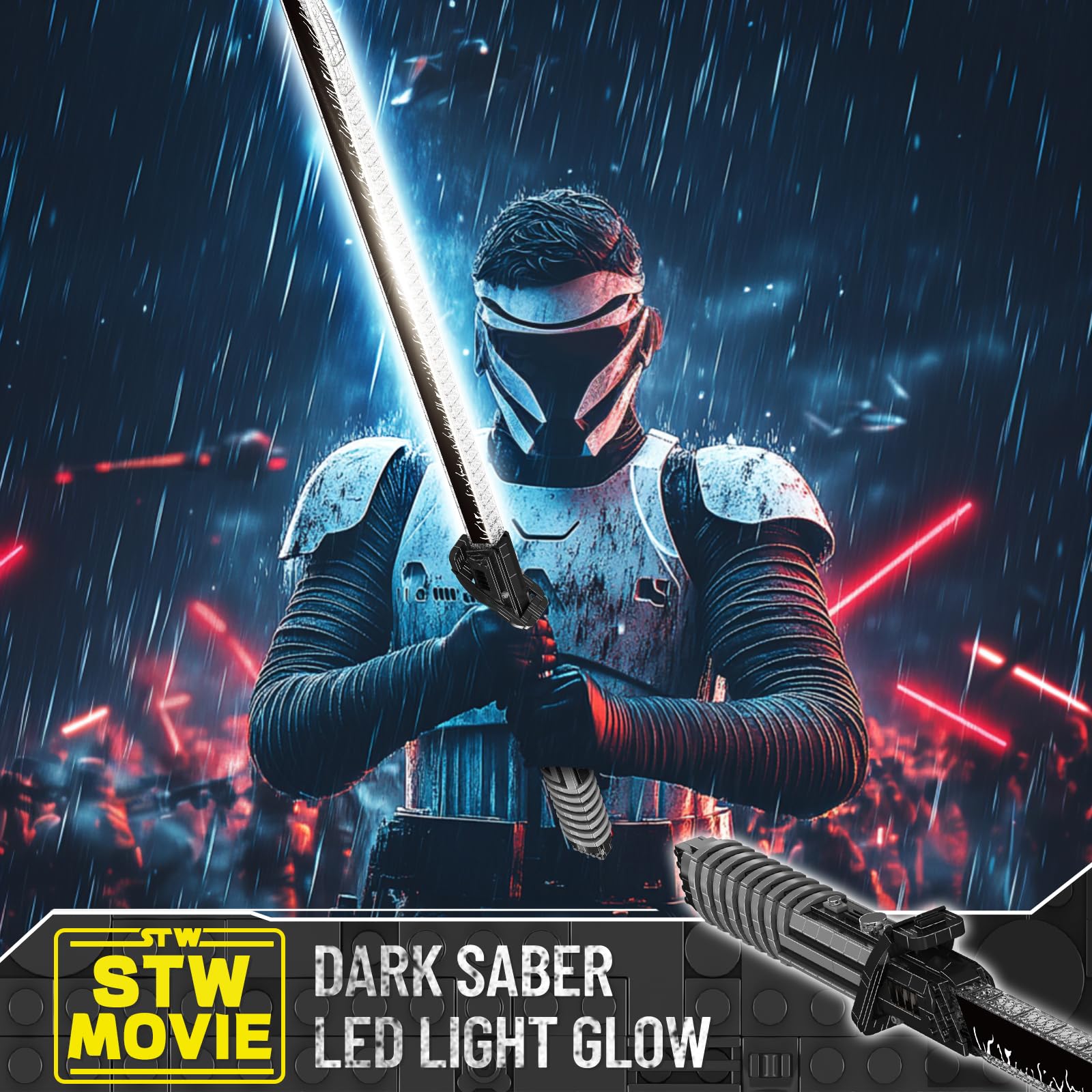Mould King 10138 LED blade lights up for dramatic night duels.
