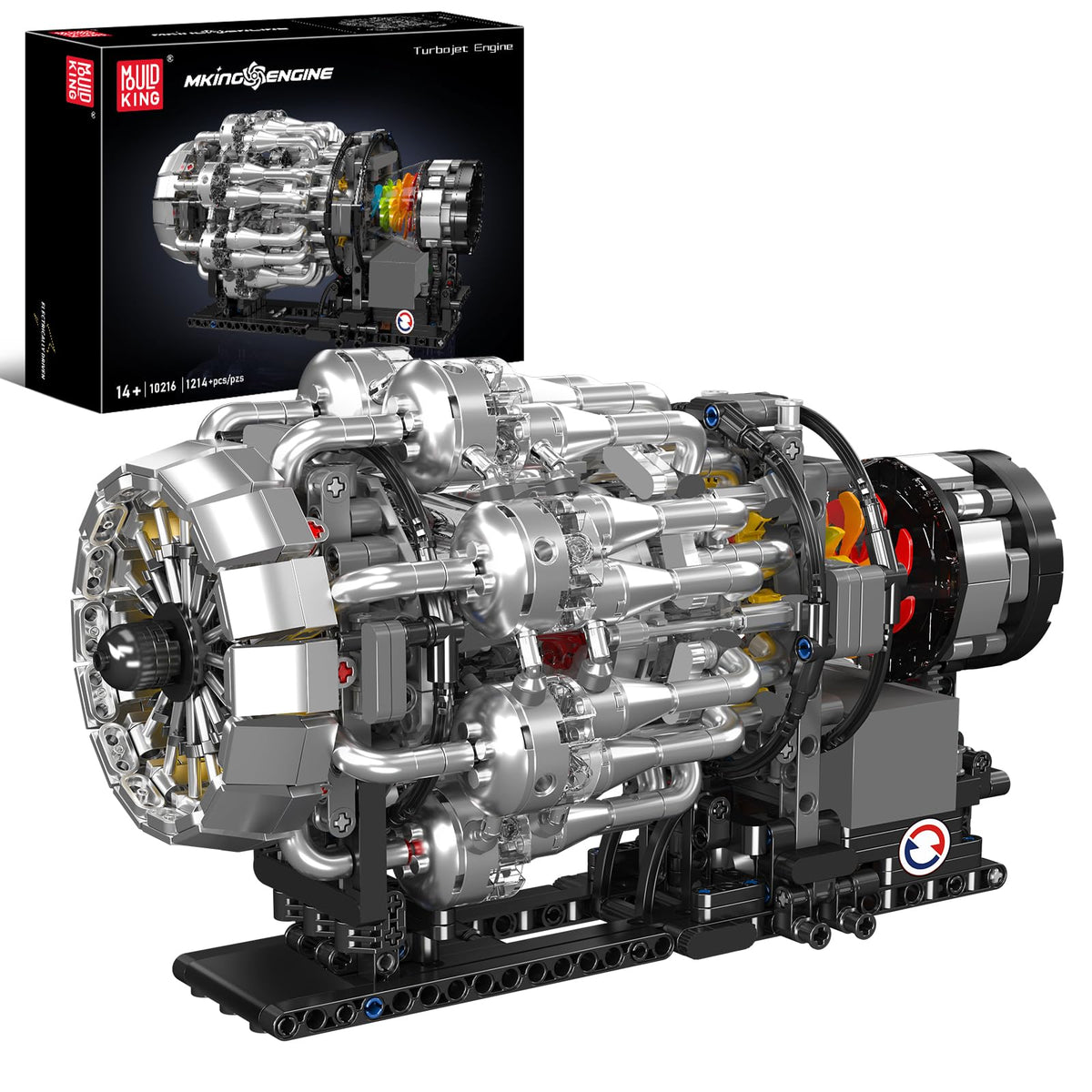 Mould King 10216 turbojet engine assembly shows core components for STEM learning.