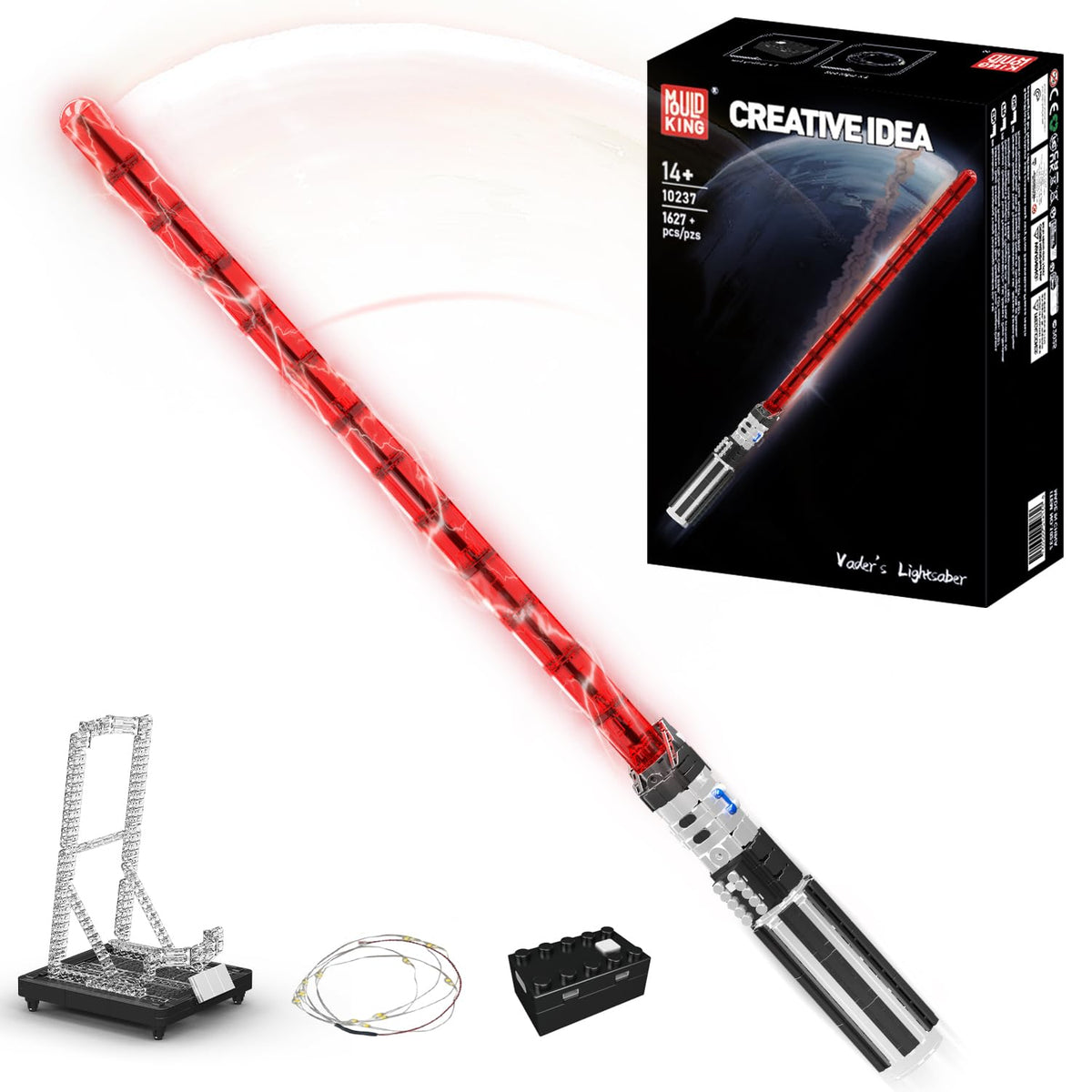 Mould King 10237 lightsaber blade glow highlights a vivid LED lit display
