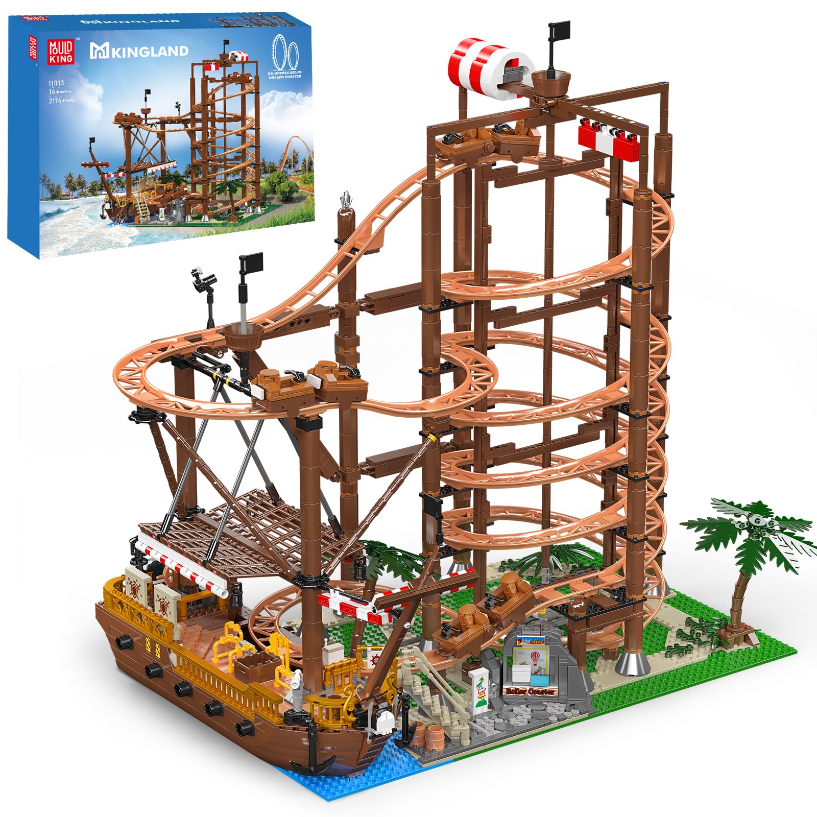 Mould King 11013 roller coaster model in a dynamic display setup for inspiration and creativity.