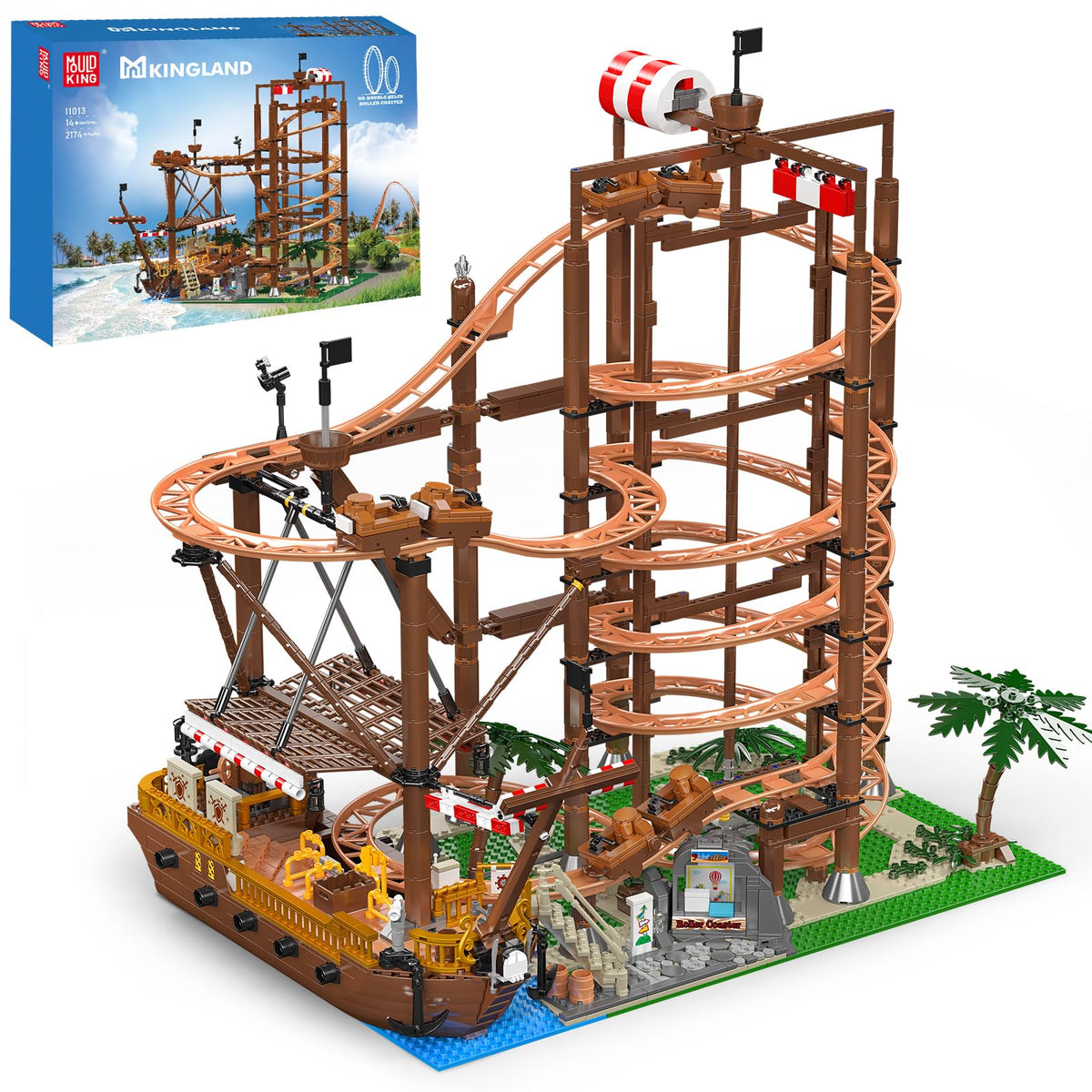Mould King 11013 roller coaster model in a dynamic display setup for inspiration and creativity.