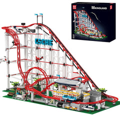 Mould King 11014 roller-coaster model assembly showing motorized track for display and play
