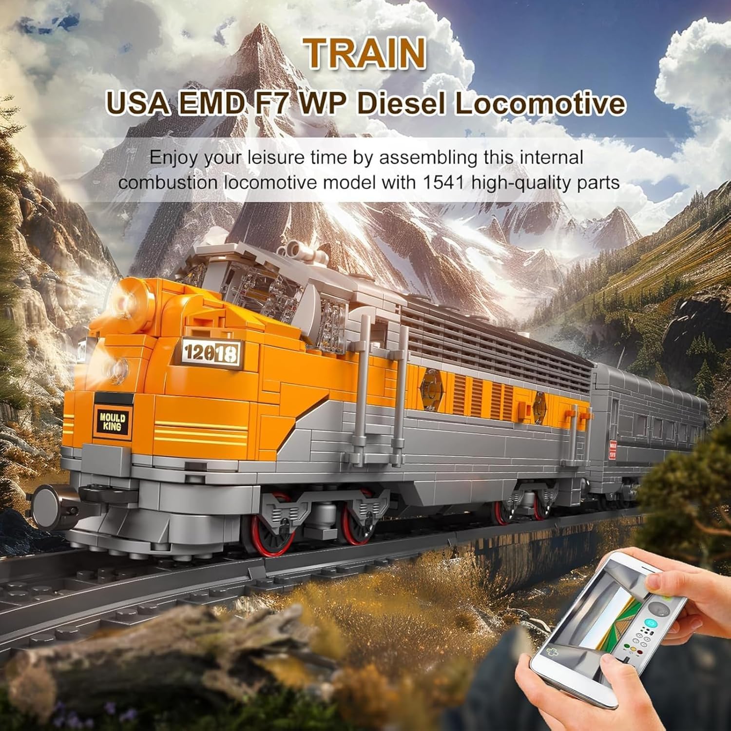Mould King 12018 EMD F7 locomotive motor with remote control setup.
