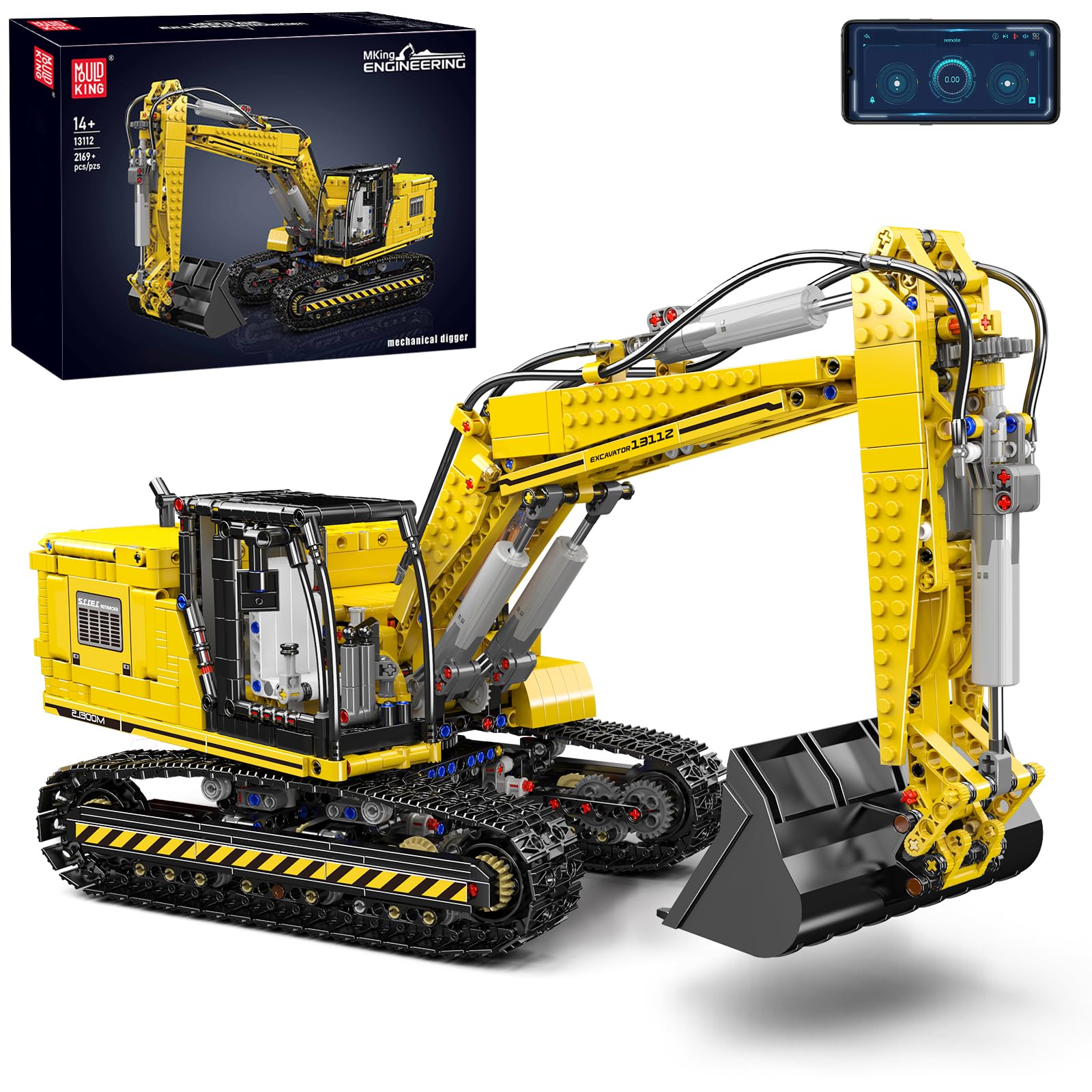 Mould King 13112 dual-control excavator showing precise remote and app operation for hands-on learning.