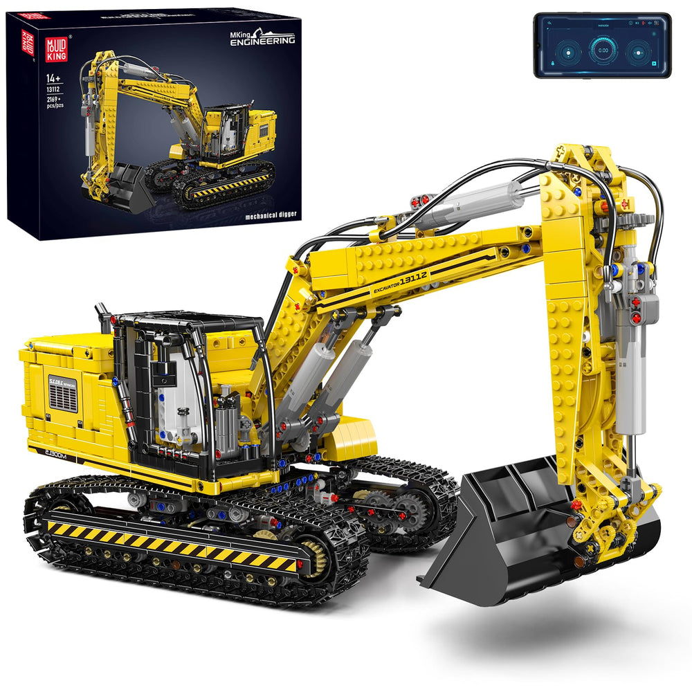 Mould King 13112 dual-control excavator showing precise remote and app operation for hands-on learning.