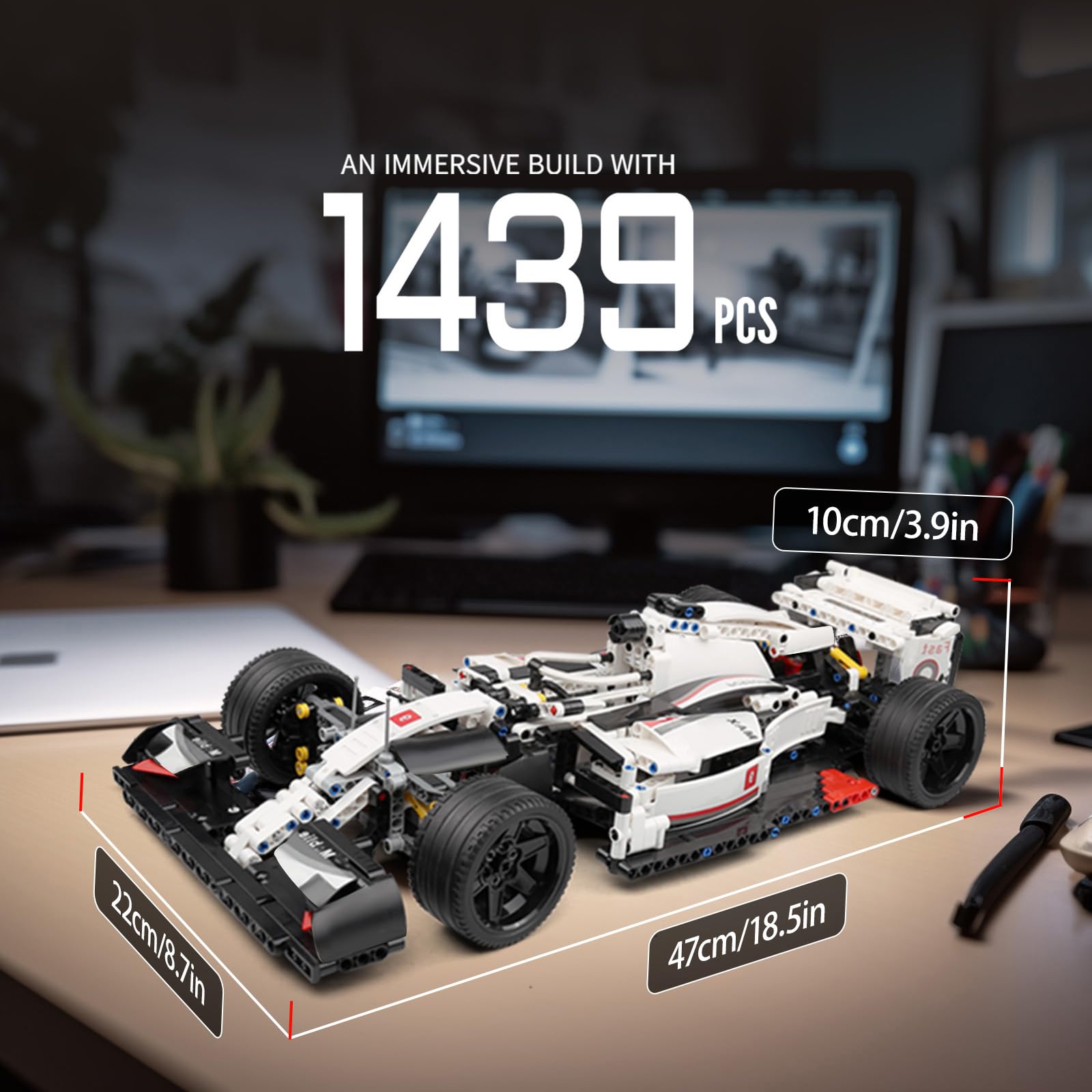 Mould King 13117 Technik Sports Car Model, ready to display on a desk or shelf.