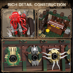 Mould King 13218 pirate ship diorama display as a centerpiece.