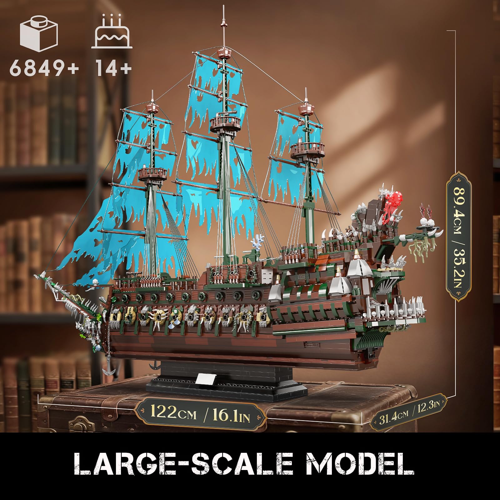 Mould King 13218 pirate ship sails assembly for authentic look.