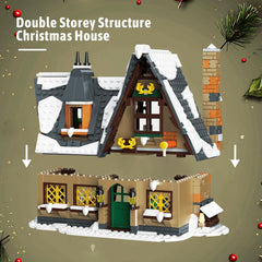 Mould King 16049 Christmas Cottage interior details show kitchen and dining.