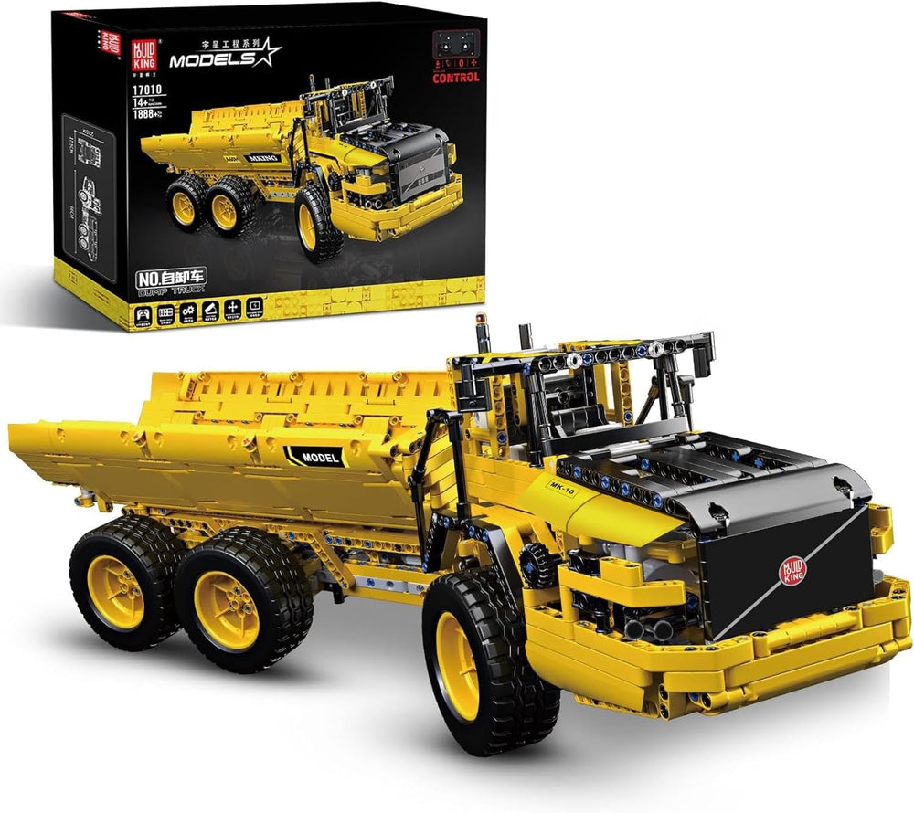 Mould King 17010 dump truck front view highlighting motorized action for dynamic display
