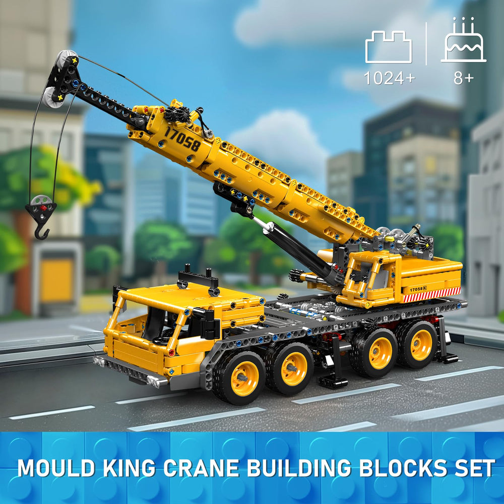Mould King 17058 City Mobile Crane Truck side view with adjustable legs for versatile building