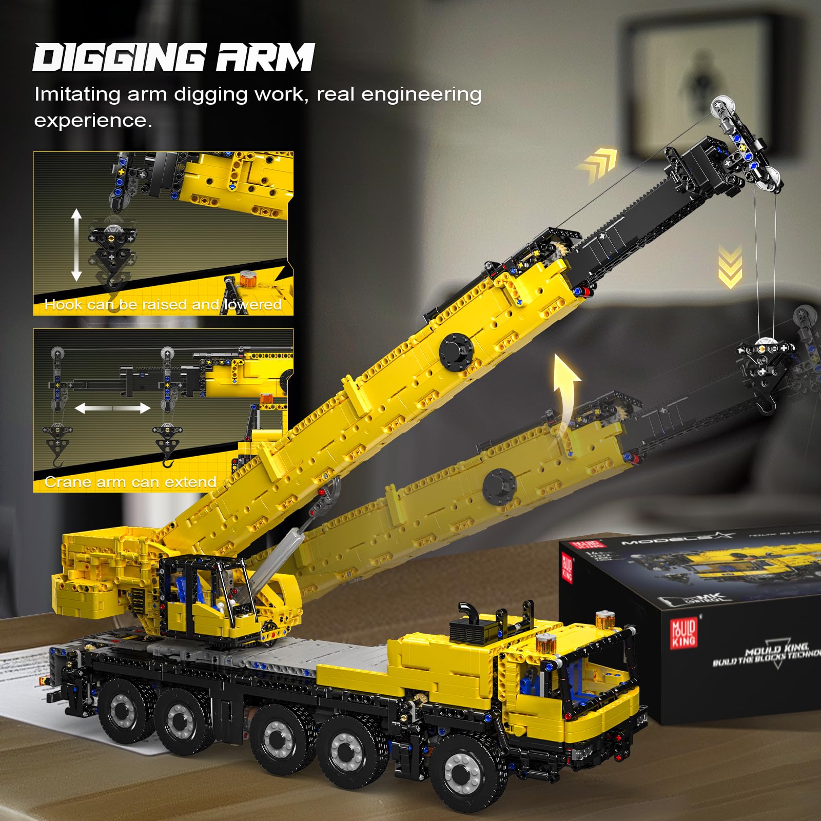 Mould King 17073 Bluetooth app control enables smart, responsive crane actions.