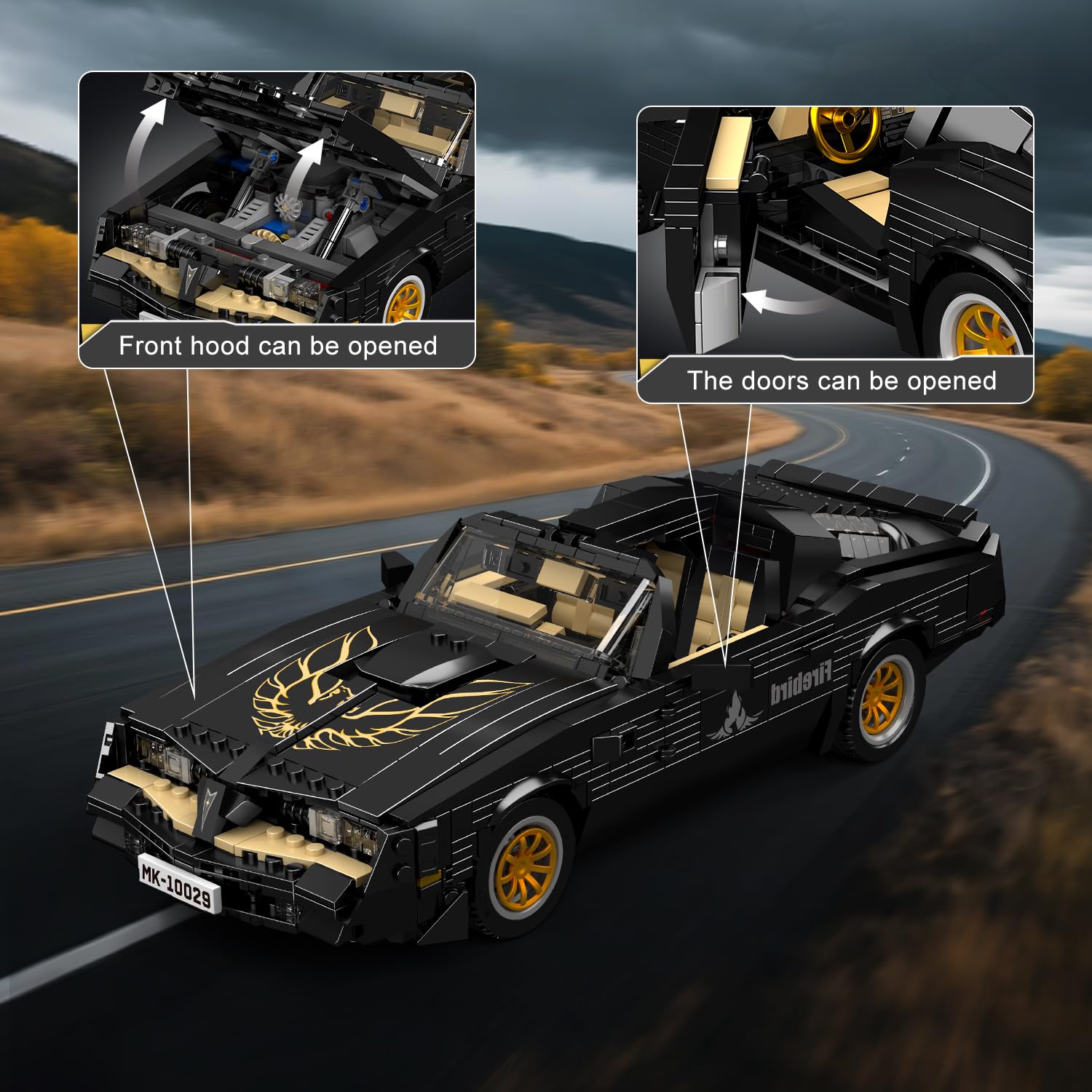 Mould King Classic Supercar hood with simulated opening for dramatic presentation.