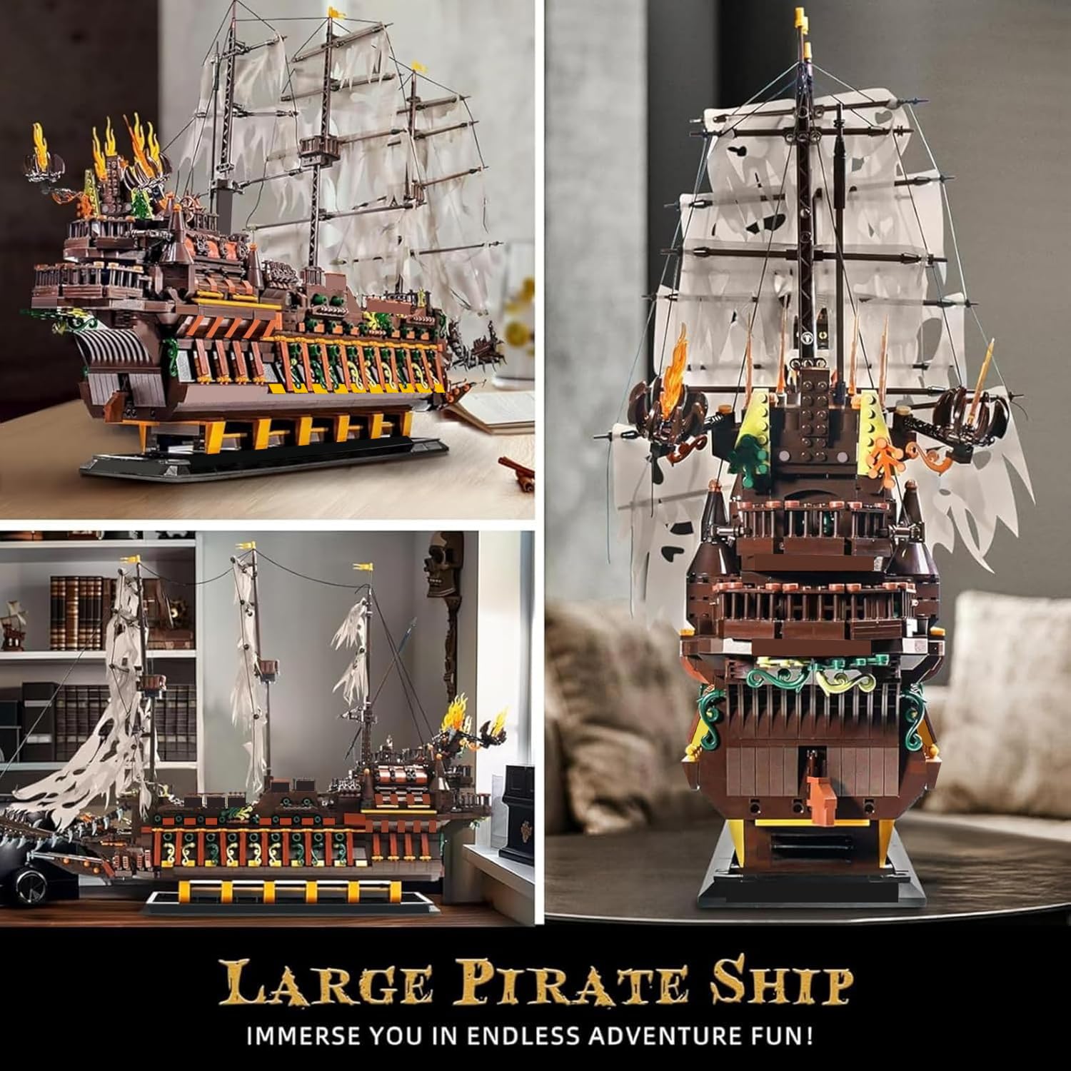 Mould King large pirates ship rotating rudders enable dynamic posing.