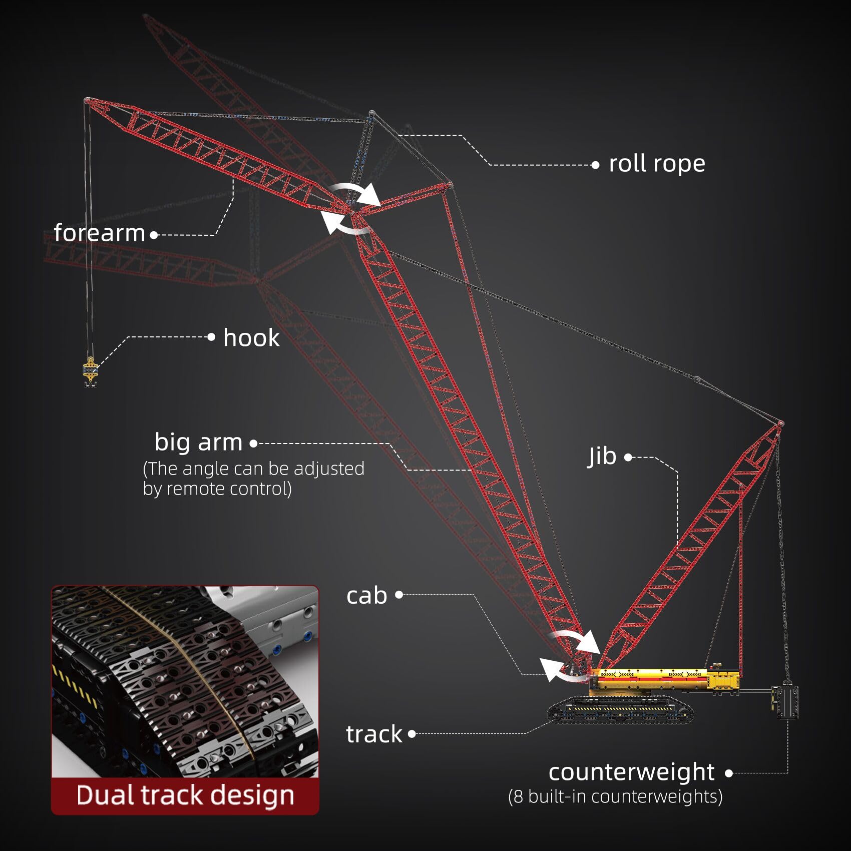 Mould King LR13000 cab swivel shows rotating crane feature.