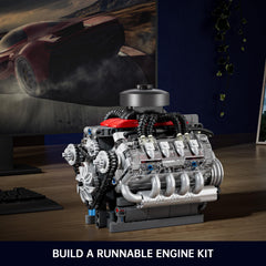 Mould King Mini V8 Engine Kit features a detailed motor block for a lifelike build.