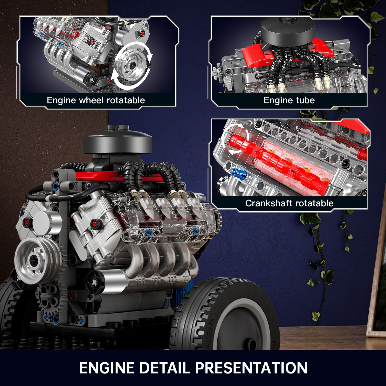 Mould King Mini V8 Engine Kit highlights piston motion for real-world mechanical insight.