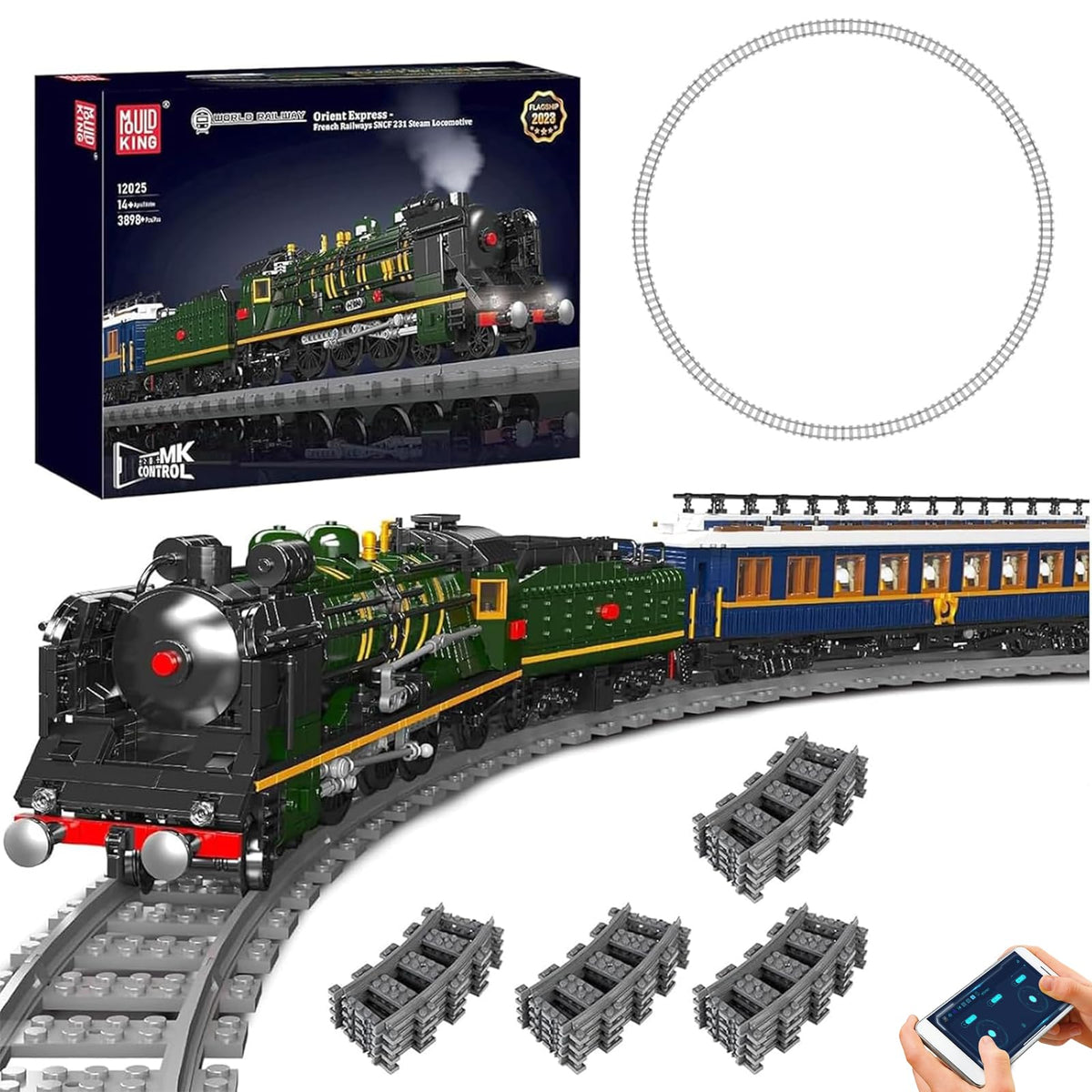 Mould King Orient Express locomotive with LED lighting for immersive night-time display.