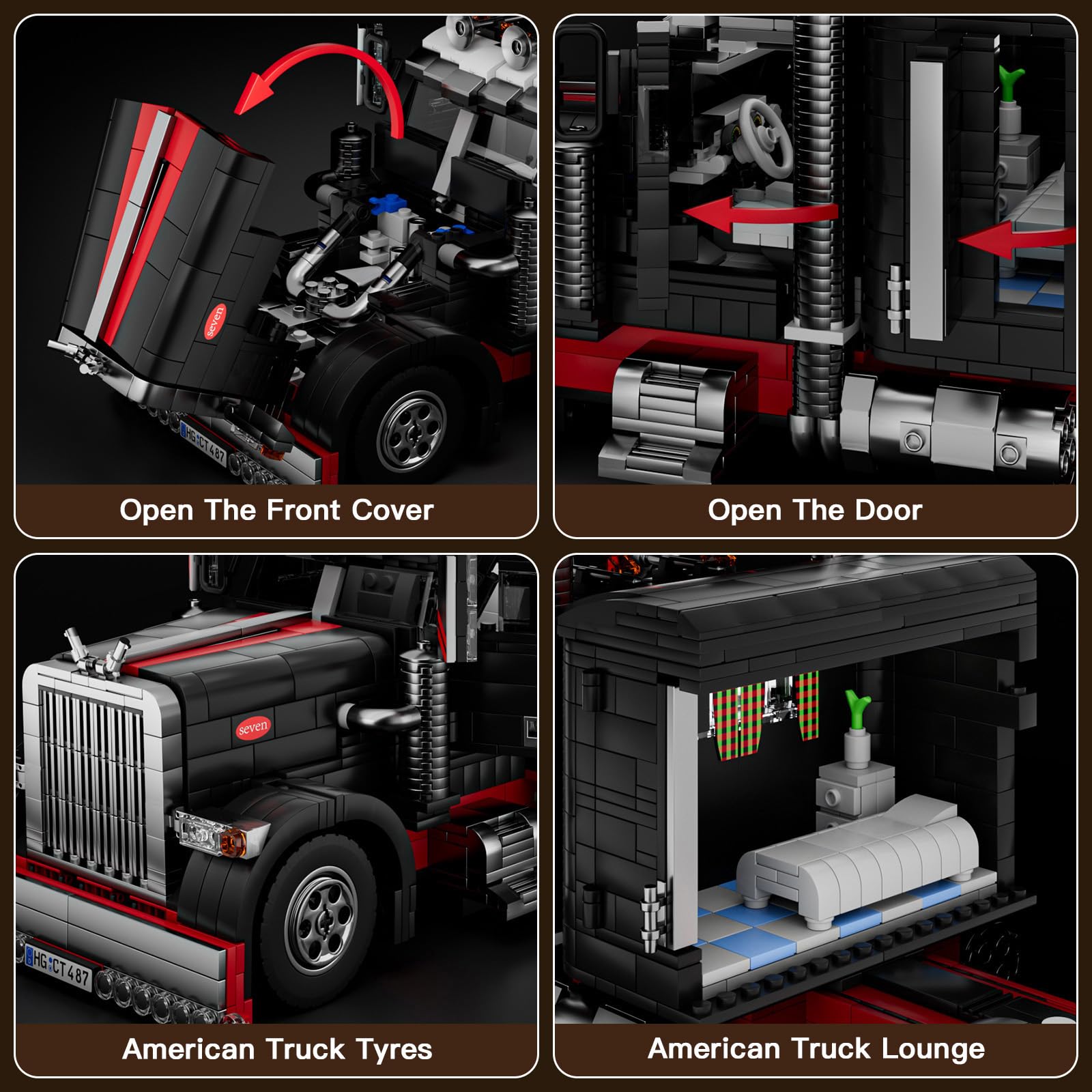 Mould King semi truck model with open doors showing interior and realism
