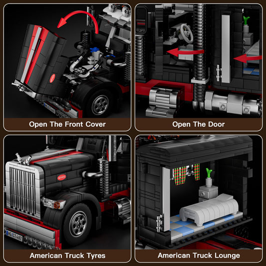 Mould King semi truck model with open doors showing interior and realism