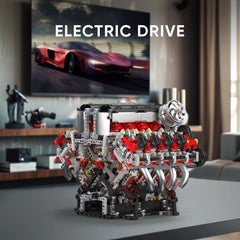 Mould King V8 engine blocks battery and motor assembly demonstrates powered motion in action.
