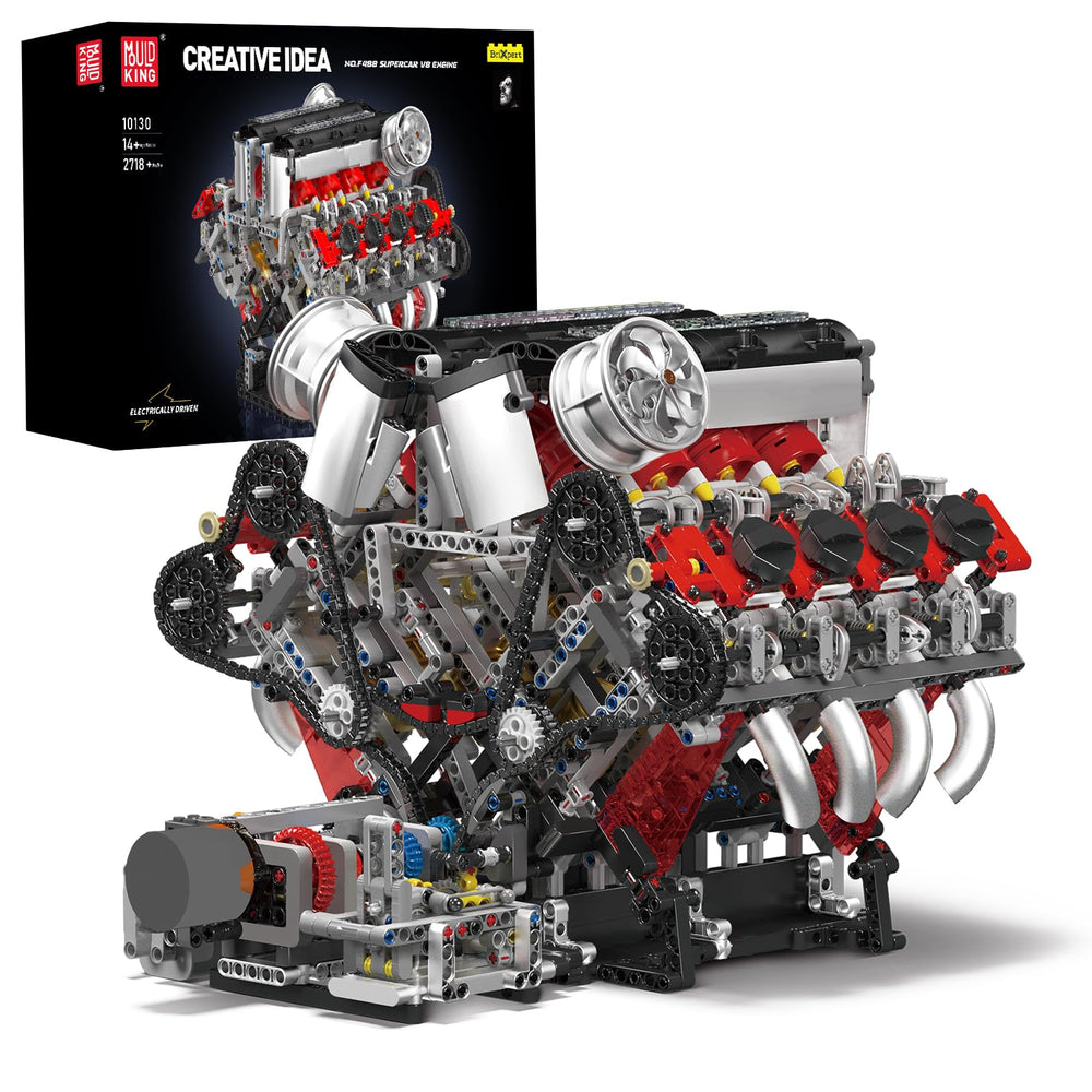 Mould King V8 engine blocks front view reveals detailed pistons for educational display.
