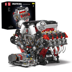 Mould King V8 engine blocks front view reveals detailed pistons for educational display.