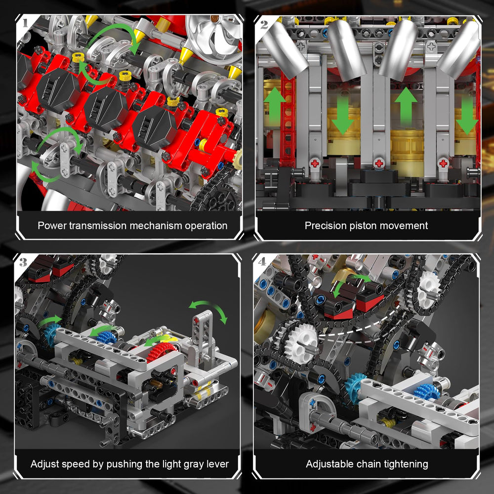 Mould King V8 engine blocks piston movement and turbocharger detail highlighted.