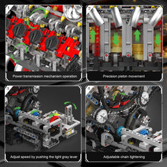Mould King V8 engine blocks piston movement and turbocharger detail highlighted.