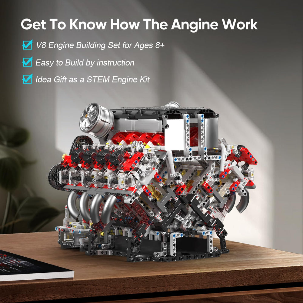 Mould King V8 engine blocks with transparent cylinder head shows piston motion clearly.