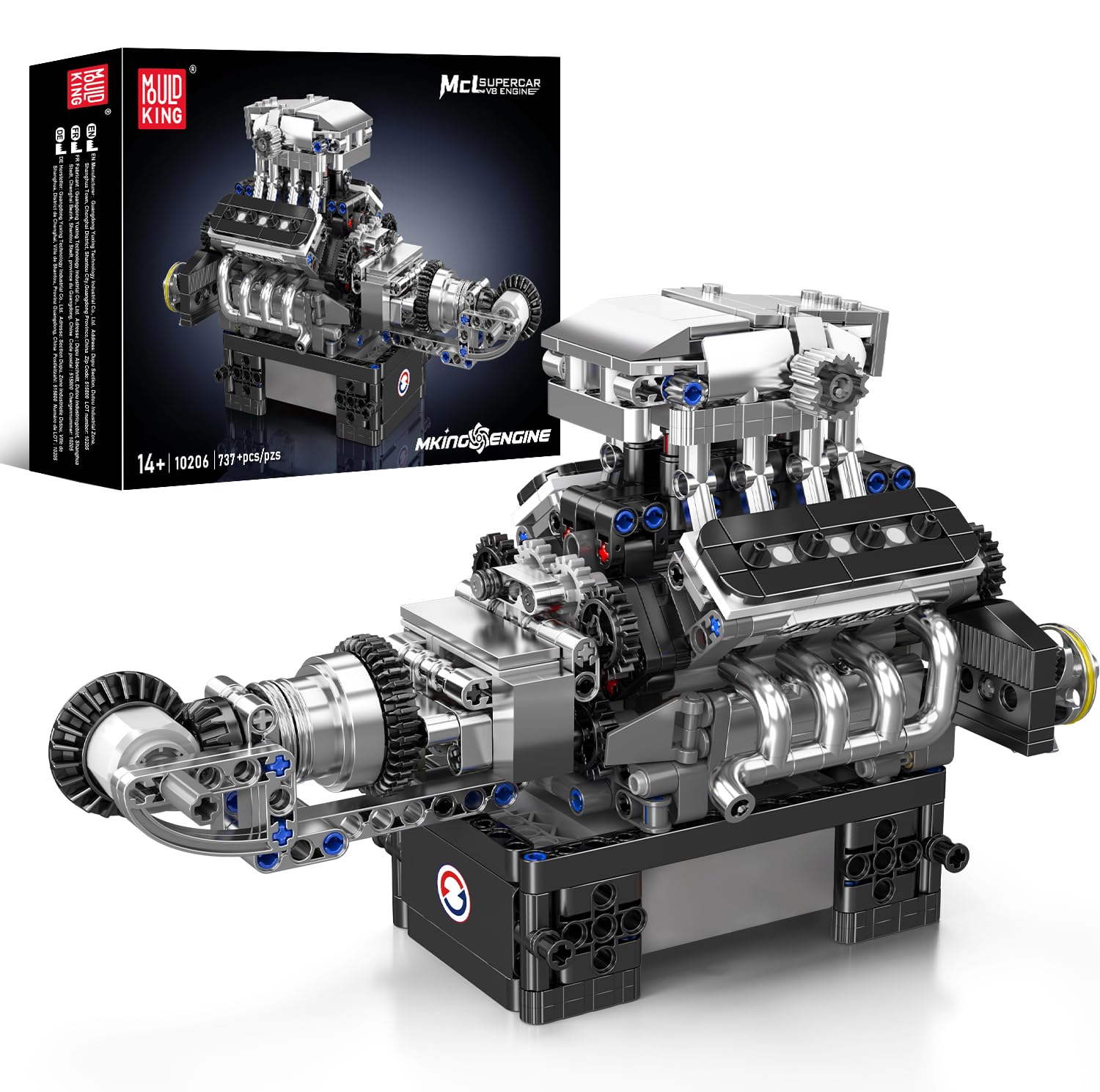 Mould King V8 engine build showing eight-cylinder layout for hands-on STEM learning.