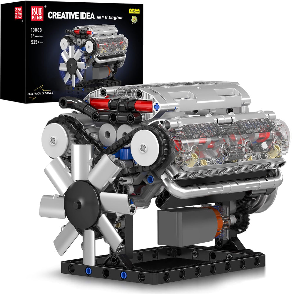 Mould King V8 engine building blocks with battery motor for interactive display.