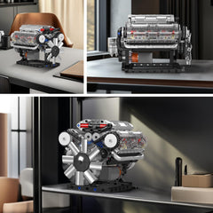 Mould King V8 engine detailed components for repeatable builds.