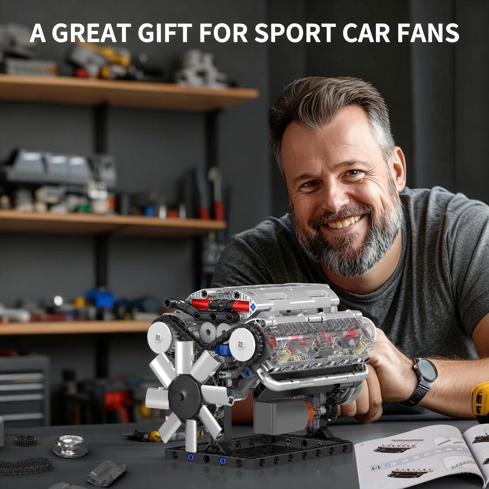 Mould King V8 engine display collectible ideal for adult hobbyists.