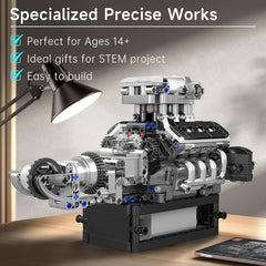 Mould King V8 engine motor powered demo highlights electronics integration.