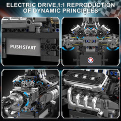 Mould King V8 engine reverse-rotation button demonstrates timing in action.