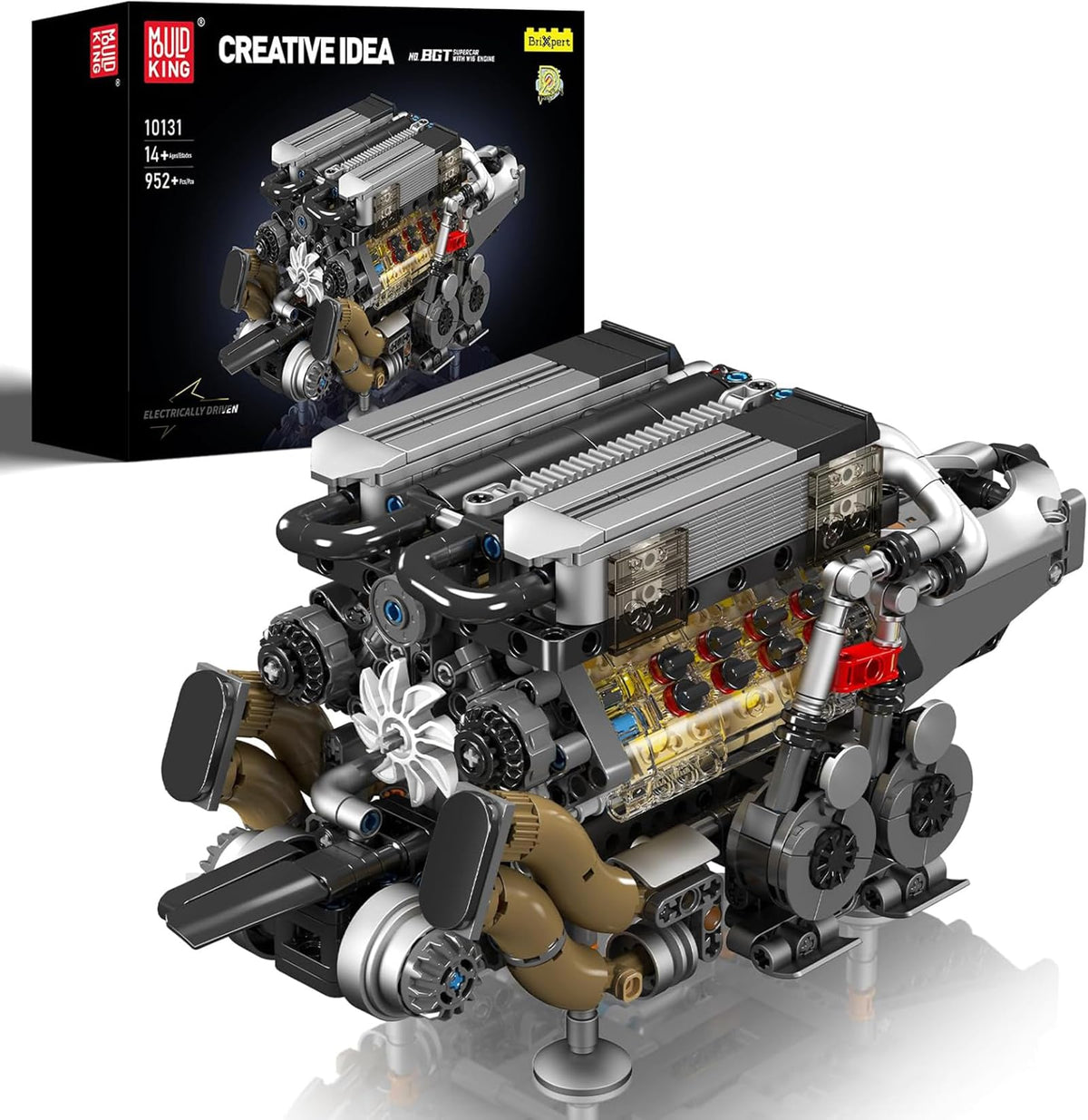 Mould King W16 engine with battery-powered motor powering a running model