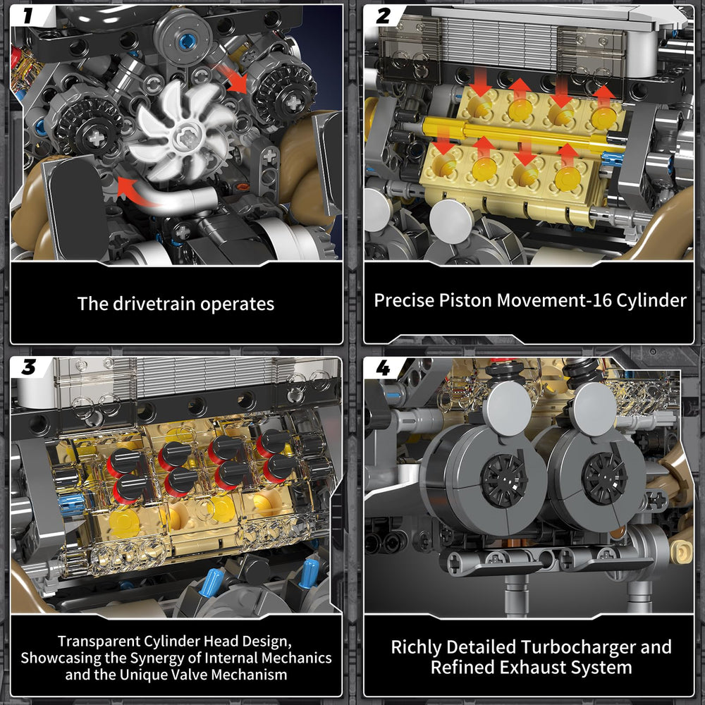 Mould King W16 engine model runs with motor drive and visible motion